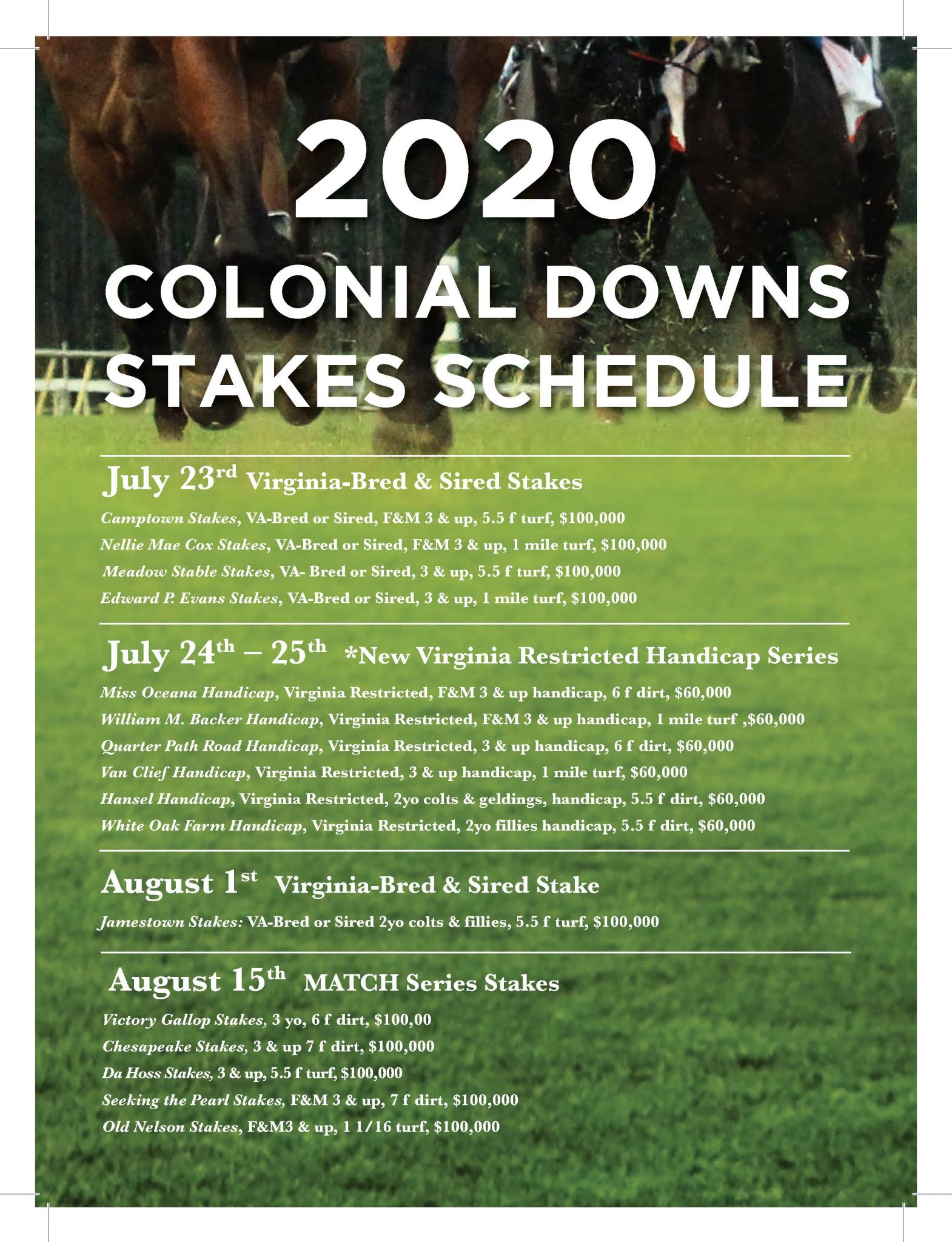 2020 Colonial Downs Stakes Schedule, Featuring VA-Bred, Sired